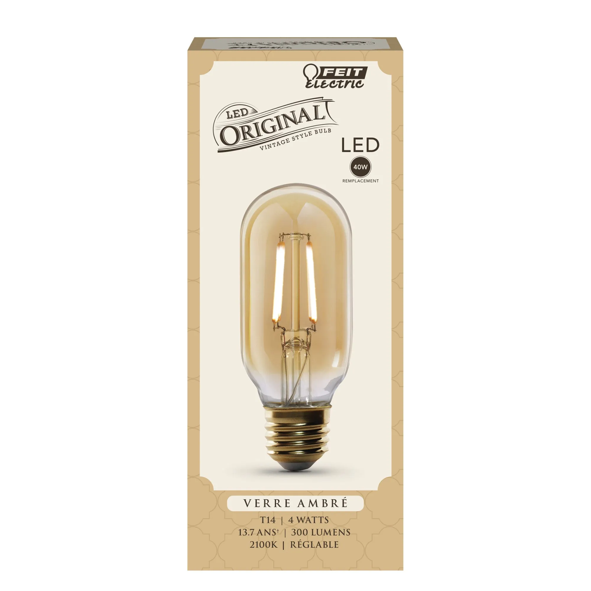 4W (40W Replacement) T14 E26 Dimmable Straight Filament Amber Glass Vintage Edison LED Light Bulb, Soft White