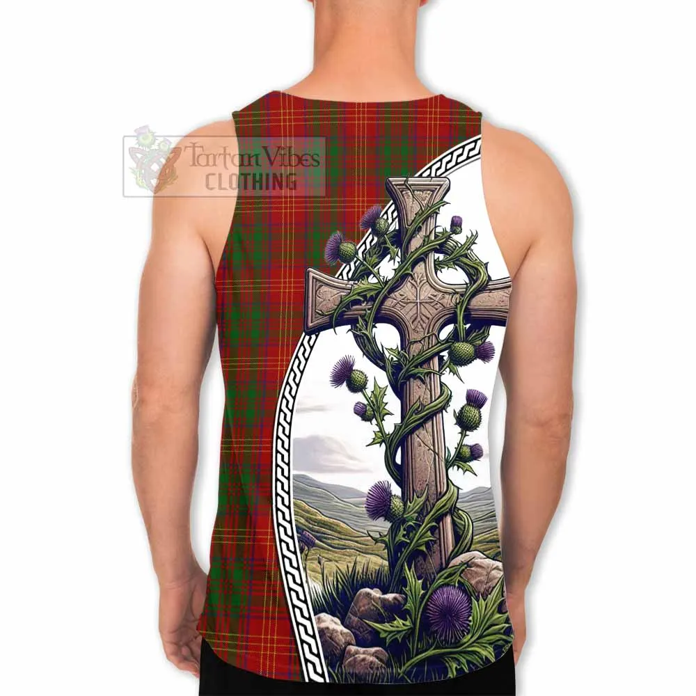 Burns Tartan Men's Tank Top with Family Crest and St. Andrew's Cross Accented by Thistle Vines