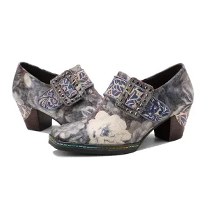 CrazycatZ Leather Pumps,Womens Colorful Vintage Block Heel Oxford Vintage Shoes Pumps Grey