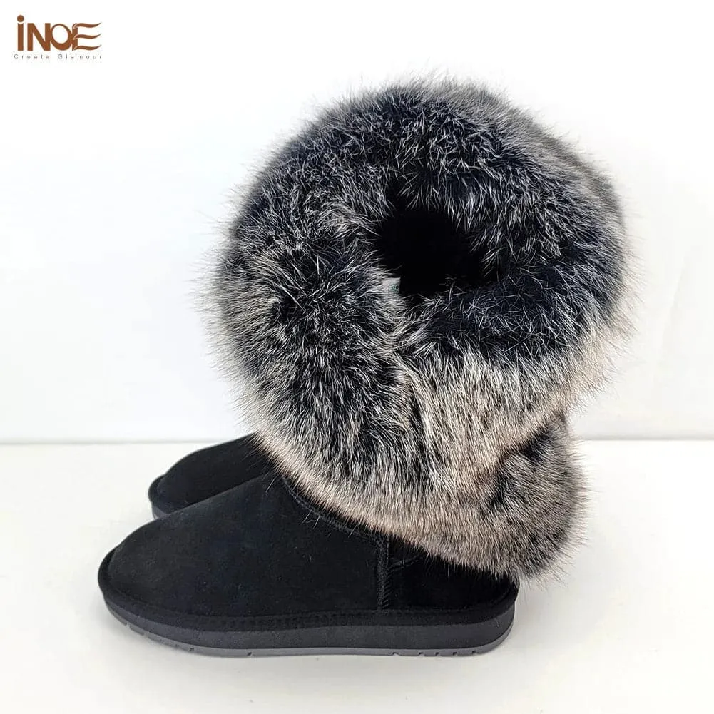 Fox Fur Leather Snow Boots with Plush Lining & Rubber Outsole - Handmade Knee-High Winter Boots