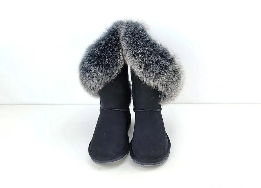 Fox Fur Leather Snow Boots with Plush Lining & Rubber Outsole - Handmade Knee-High Winter Boots