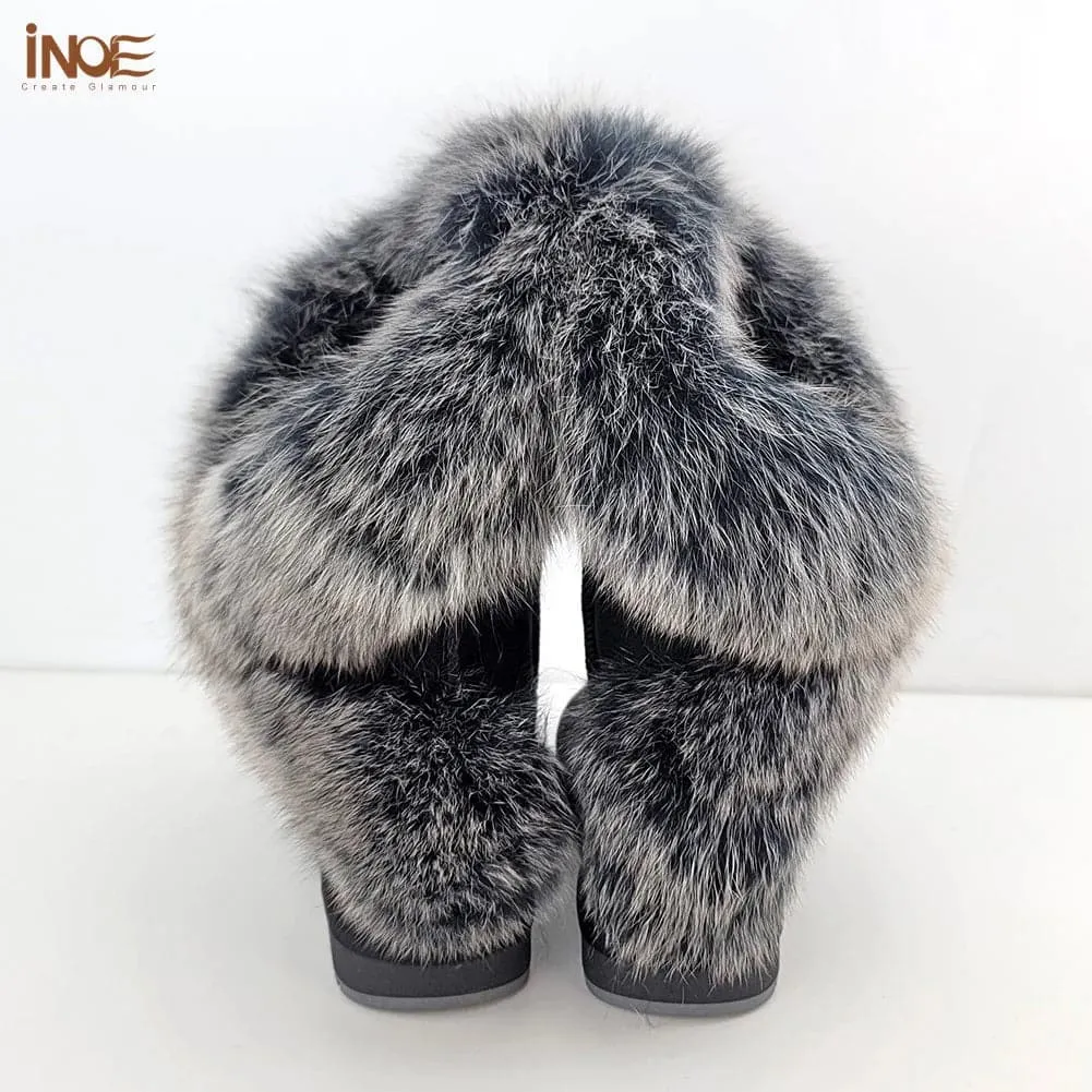 Fox Fur Leather Snow Boots with Plush Lining & Rubber Outsole - Handmade Knee-High Winter Boots