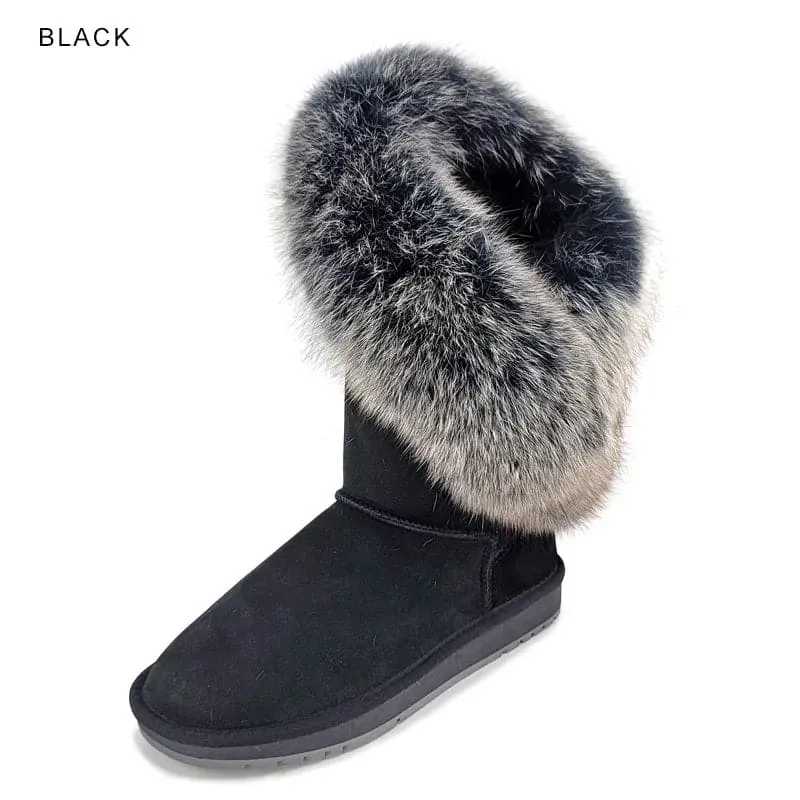 Fox Fur Leather Snow Boots with Plush Lining & Rubber Outsole - Handmade Knee-High Winter Boots