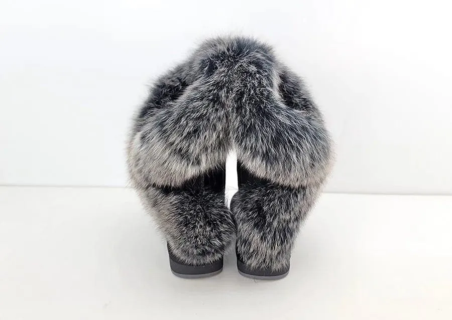 Fox Fur Leather Snow Boots with Plush Lining & Rubber Outsole - Handmade Knee-High Winter Boots