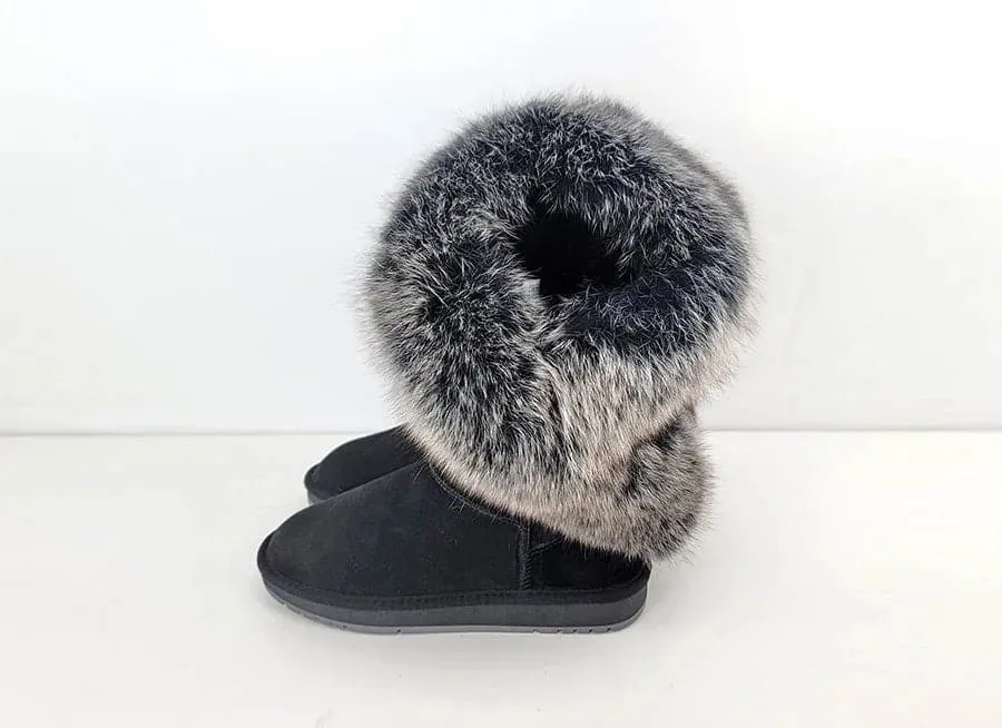 Fox Fur Leather Snow Boots with Plush Lining & Rubber Outsole - Handmade Knee-High Winter Boots