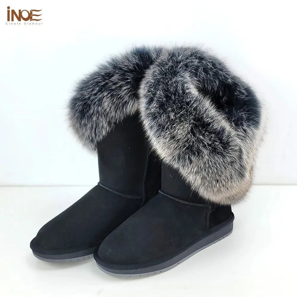 Fox Fur Leather Snow Boots with Plush Lining & Rubber Outsole - Handmade Knee-High Winter Boots