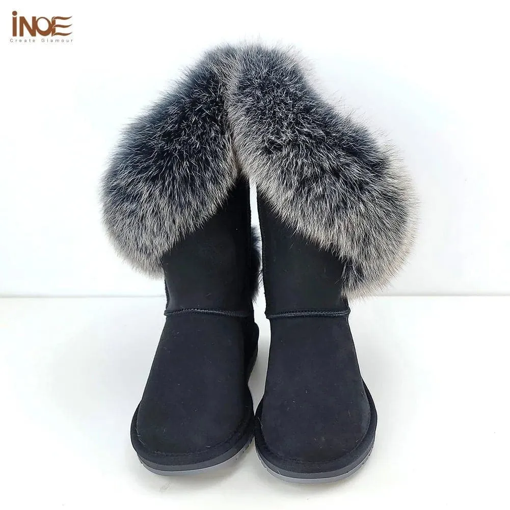 Fox Fur Leather Snow Boots with Plush Lining & Rubber Outsole - Handmade Knee-High Winter Boots