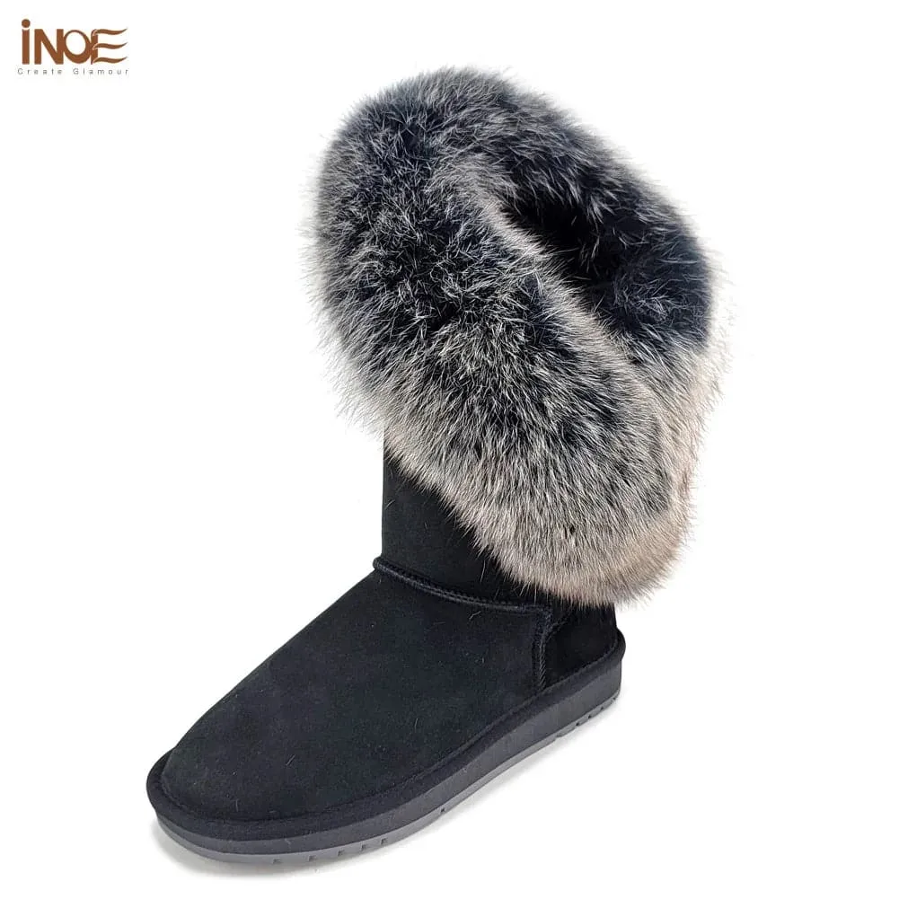 Fox Fur Leather Snow Boots with Plush Lining & Rubber Outsole - Handmade Knee-High Winter Boots
