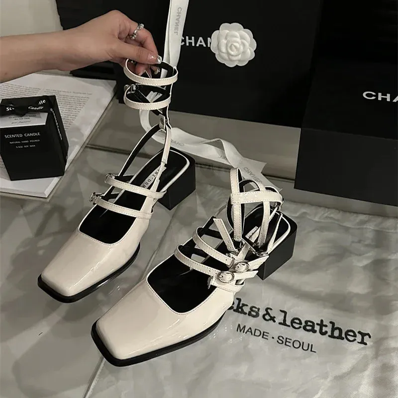 Hnzxzm 2024 New Design Women Sandal Mary Jane Shoes for Woman Fashion Narrow Band Dress Square Heel Shoes Ladies Outdoor Platform Pumps