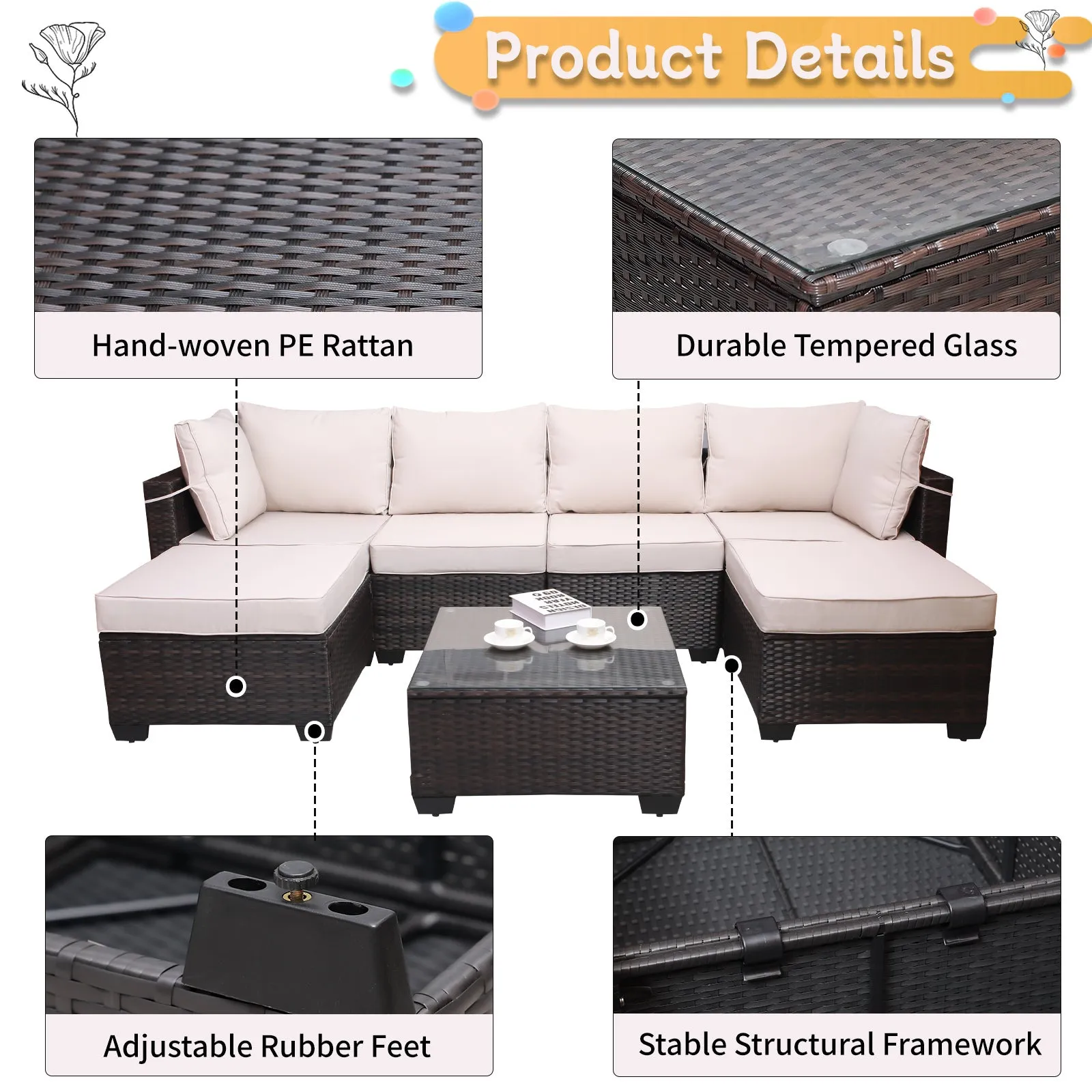 Modern 7-Piece PE Rattan Wicker Patio Furniture Set