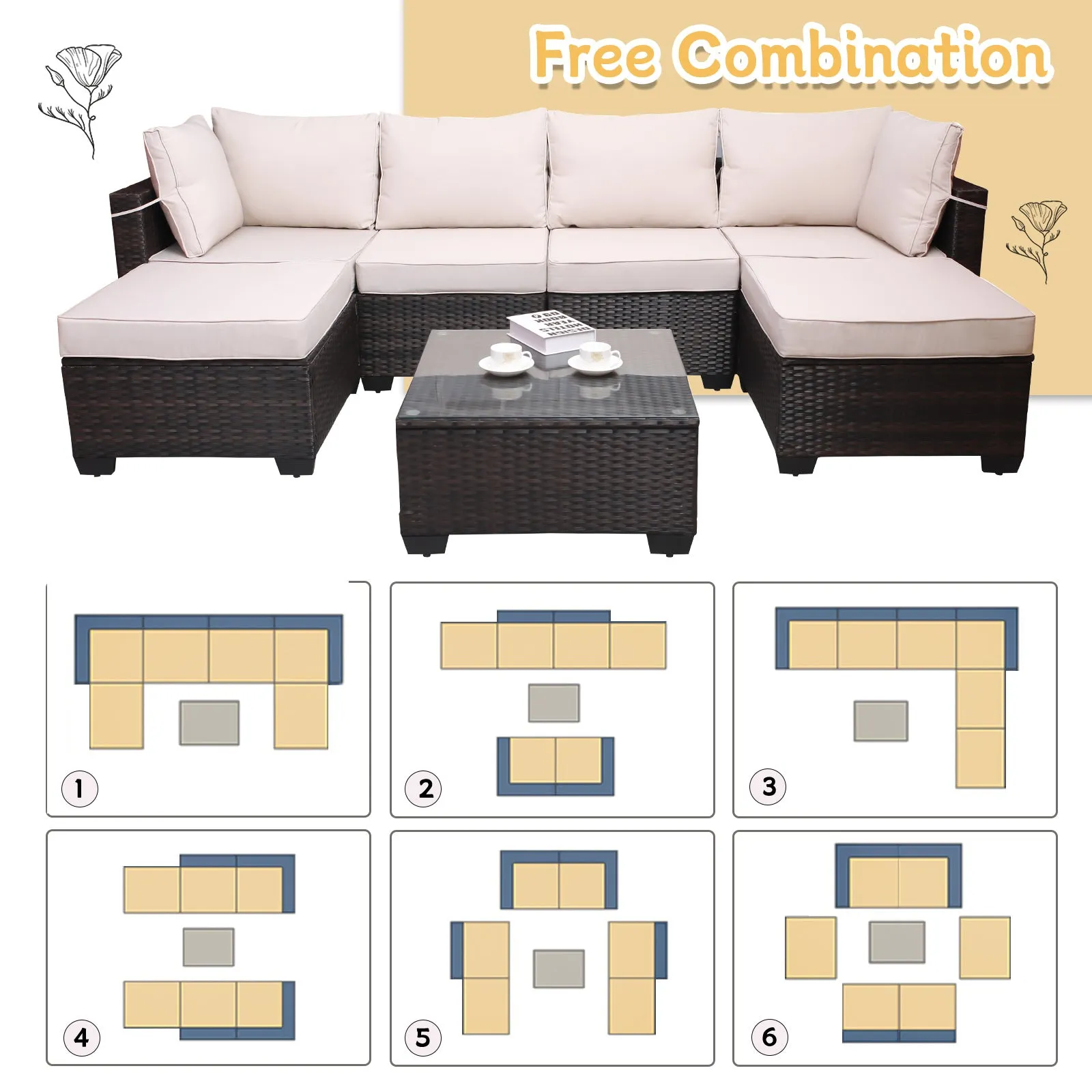 Modern 7-Piece PE Rattan Wicker Patio Furniture Set