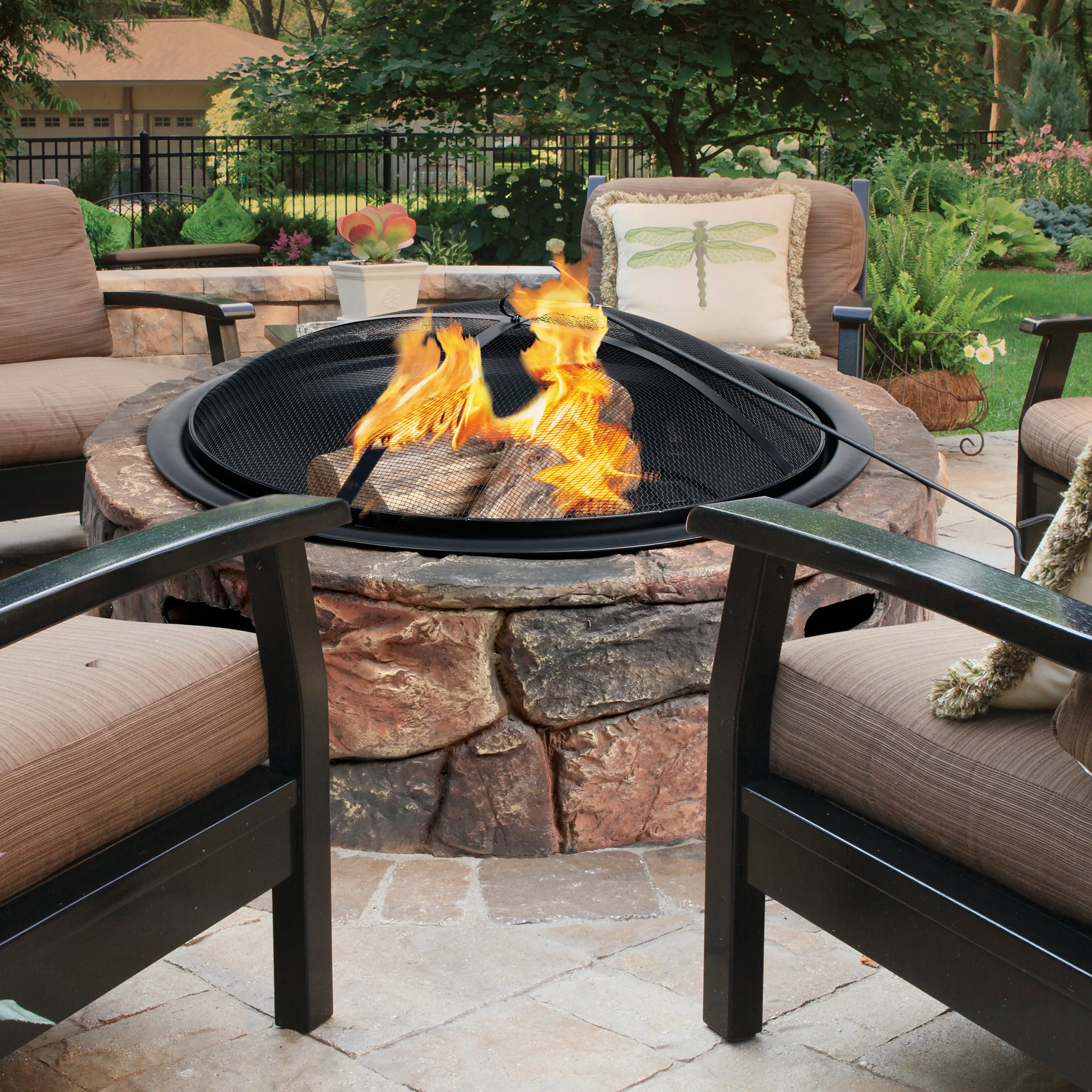 Sun Joe SJFP35-STN-LSN 35-in. Cast Stone Base, Wood Burning Fire Pit w/Dome Screen and Poker, Large Stone
