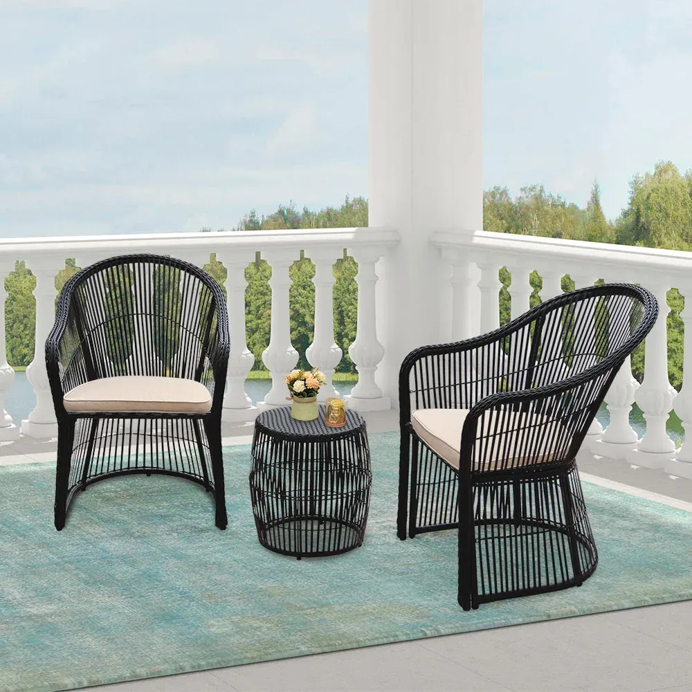 Tender Outdoor Patio Seating Set 2 Chairs and 1 Table Set (Black   Beige)